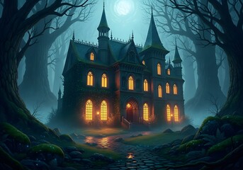 Enchanted Gothic Mansion in a Mysterious Forest at Night