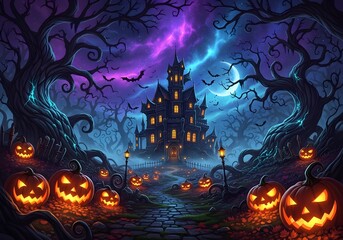 Enchanted Haunted Mansion on Halloween Night with Jack-o'-Lanterns