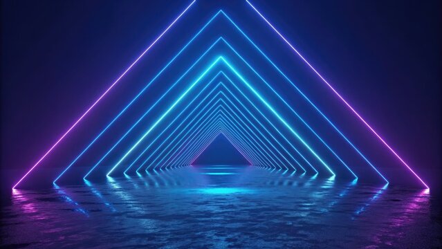 Endless neon tunnel with glowing triangular shapes and reflective wet floor, futuristic abstract - Powered by Adobe