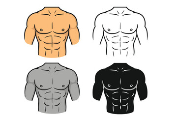 Man torso muscular chest with six pack abs icon set. Bodybuilding fitness and gym concept. Strong male body vector illustration. Athletic man silhouette and line art design.