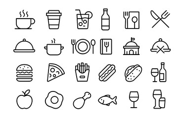 Food and drink icon set. Line art pictograms. Restaurant, cafe, bar, fast food. Meal, menu, dining. Coffee, pizza, burger, wine. Thin outline symbols for web, mobile app.