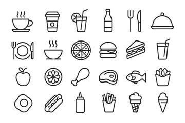 Food and drink icon set. 24 line icons for restaurant menu, fast food, delivery app. Vector symbols for coffee, pizza, burger, drinks. UI UX graphic elements collection.