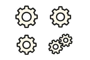Gear icon set for settings and configuration. Mechanical cogwheel symbol for web, app, and UI design. Teamwork and process concept. Filled line style vector illustration.