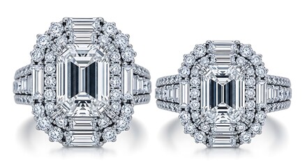 Two luxurious diamond engagement rings with emerald cut center stones isolated on white background