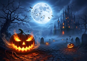 Haunted Halloween Castle and Jack-o'-lanterns under Full Moon