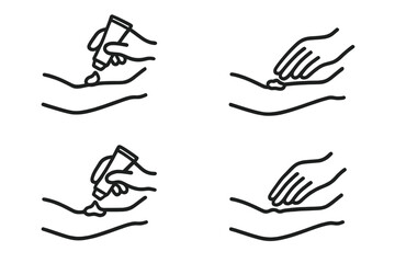 Applying cream to skin icon set. Hand squeezing ointment from a tube and rubbing gel on an arm. Vector for medical instructions, dermatology, pain relief, skincare.