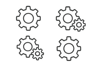 Gear icon set. Cogwheels symbol for settings, options, progress. Mechanical process & system concept. Teamwork, connection metaphor. Outline vector graphic for app, web UI.
