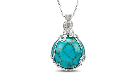 Elegant teardrop shaped turquoise gemstone pendant necklace crafted with intricate silver wire wrapping isolated on white background