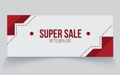 Super Sale vector banner with a clean red and white geometric layout featuring bold 50% OFF text and stitched line details. Perfect for e-commerce promotions, online ads, web headers, and digital 