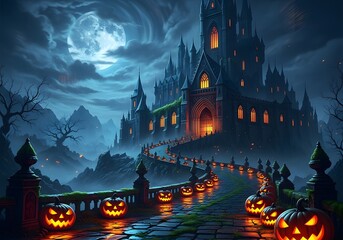Gothic Castle Path with Jack-o'-Lanterns on a Full Moon Halloween Night