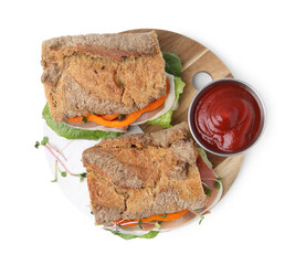Tasty ciabatta sandwiches and sauce isolated on white, top view