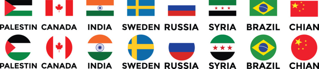 Set of flags of countries. Collection of world national flags with country names. Set of international country flags. Palestine, Canada, China, Syria, Russia, Brazil, Sweden, India Flag icon collectio