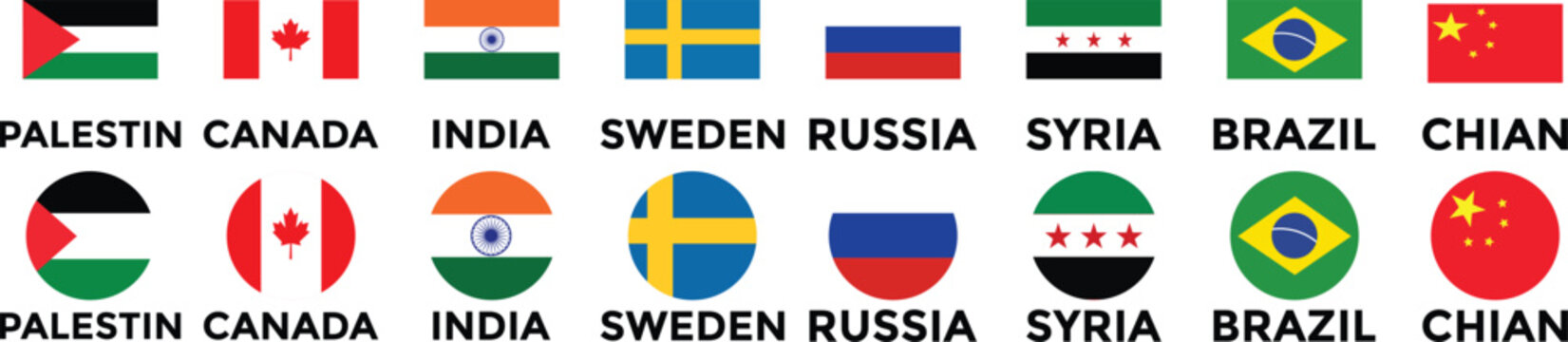 Set of flags of countries. Collection of world national flags with country names. Set of international country flags. Palestine, Canada, China, Syria, Russia, Brazil, Sweden, India Flag icon collectio