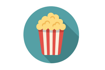 Popcorn flat icon with long shadow. Cinema movie food snack symbol for web. Vector illustration entertainment design element. Red striped box for film night festival.