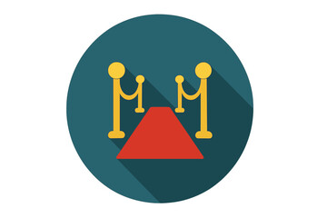 Red carpet flat icon with long shadow. Vector illustration for VIP events. Symbol of premiere, award ceremony, celebrity, and success. Luxury entrance with golden barriers.