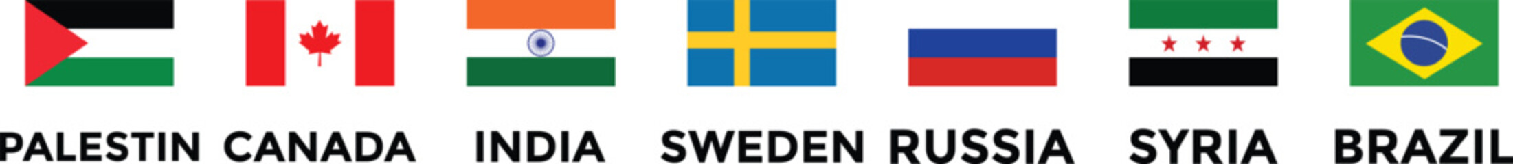 Obraz premium Set of flags of countries. Collection of world national flags with country names. Set of international country flags. Palestine, Canada, China, Syria, Russia, Brazil, Sweden, India Flag icon collectio