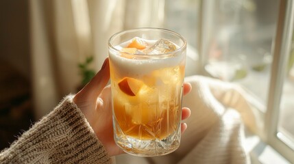 Hand holding transparent highball glass with peach cold foam tea  