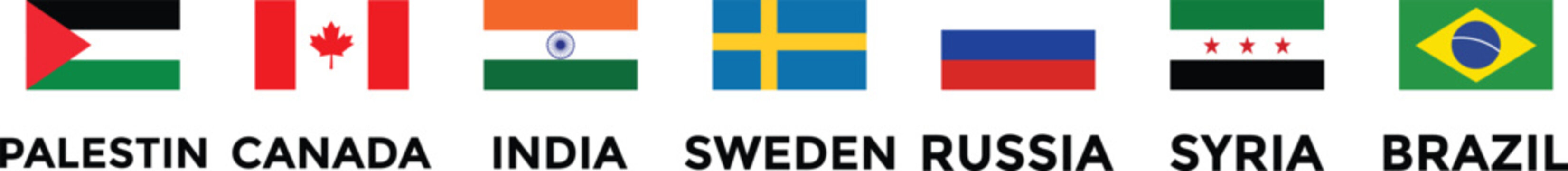 Set of flags of countries. Collection of world national flags with country names. Set of international country flags. Palestine, Canada, China, Syria, Russia, Brazil, Sweden, India Flag icon collectio