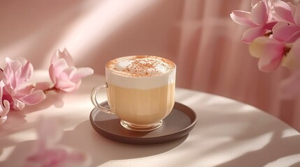 Cold foam tea in a glass cup on a round table with pink flowers  