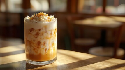 Cold foam tea in highball glass on wooden table in cafe  