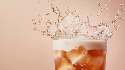 Cold foam tea with ice splashing in clear glass on pastel background  