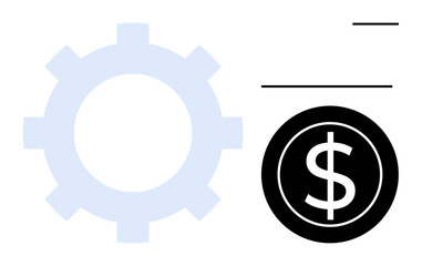 Minimalistic gear icon beside a dollar sign symbolizing productivity and financial success. Ideal for automation, finance, investment, technology, economy, workflow, success. Simple flat metaphor