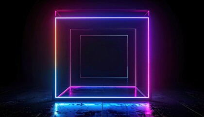 Dynamic neon cube animation virtual space digital art dark environment abstract viewpoint futuristic concept