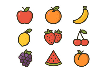 Fruit icon set vector collection. Cute cartoon colorful fruits. Apple, orange, banana, lemon, strawberry, cherry, grape, watermelon, peach. Healthy food illustration.