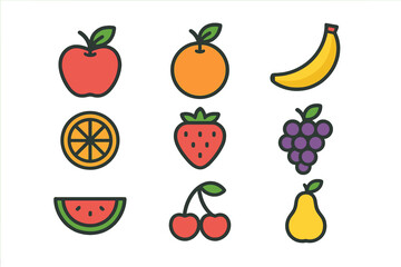 Fruit icon collection. Vector set of colorful fruits. Healthy food symbols for diet and nutrition. Apple, orange, banana, strawberry, grapes, watermelon, pear and cherry.