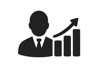 Business person silhouette with growing bar chart and arrow symbolizing success and leadership, flat style vector icon for corporate design, logo, app, UI
