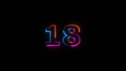 Neon countdown number 18 icon illustration background 4K.