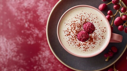 Lychee tea with cocoa dusted cold foam and raspberries on platter  