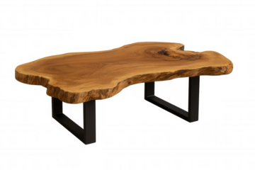 Live edge coffee table with natural wooden slab top and modern black metal legs, rustic furniture on transparent background