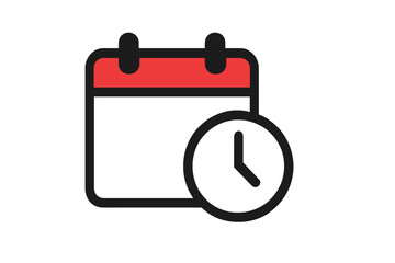 Calendar and clock icon. Time and date symbol. Schedule, appointment, event reminder concept. Planning, management, deadline. Flat design vector for web, logo, app, UI.