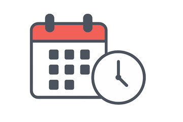 Calendar and clock icon in flat design. Vector illustration of a schedule, appointment, and time management symbol. Represents deadline, event planning, date, and time.
