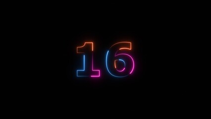 Neon countdown number 16 icon illustration background 4K.