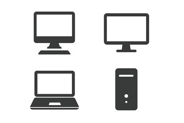 Computer icon set. PC, laptop, monitor, and system unit symbols. Flat vector illustration for web design, app, UI, logo. Gadget and device glyph icons isolated.