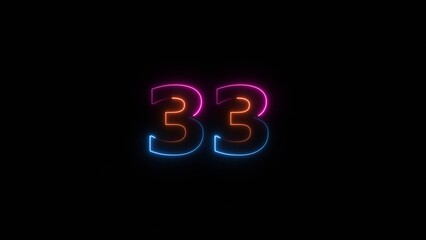 Neon countdown number 33 icon illustration background 4K.