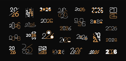 2026 numbers set. New Year logo white gold text design. Collection of different style digit. Hand drawn geometric minimalist luxury figure collection