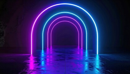 Illuminated neon arches dark tunnel digital art futuristic environment low angle view dreamlike concept