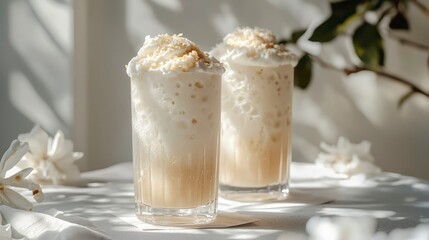Twin glasses of cold foam tea on a table with floral background  