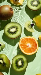 Sliced Kiwi, Orange, & Yellow Fruit on Light Green Water Surface, High Angle View
