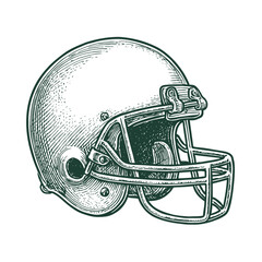 Vintage american football helmet illustration with dark green engraving style on black background