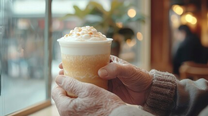 Elderly man holding cold foam tea in a cozy café setting  
