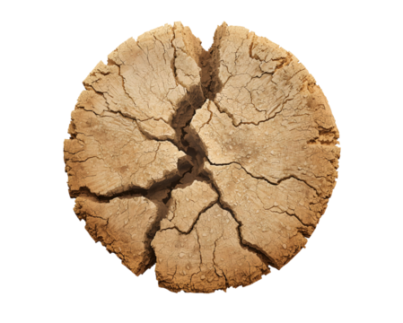Detailed cross section of aged, dry, cracked tree trunk with visible growth rings isolated
