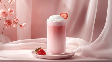 Cold foam tea with subtle strawberry on a plate with pink background  