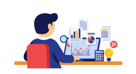 Flat Style Man Analyzing Financial Report with Laptop Illustration