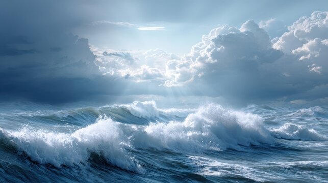 turbulent ocean with massive waves, dramatic clouds and sun rays, cinematic epic lighting, ultra realistic textures, powerful and awe inspiring