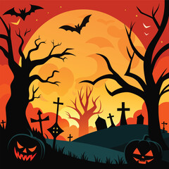 Spooky halloween night with a giant full moon over a haunted graveyard and silhouetted trees