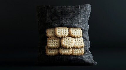 Square Crackers Stacked Neatly Inside Textured Black Sack With Transparent Background